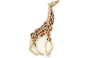 Avalaya Gold Plated Brown Enamel, Clear Crystal Giraffe Brooch - 75mm L