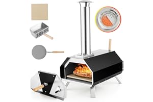 GYMAX Four à Pizza Extérieur avec Pierre à Pizza 30CM, Thermomètre Intégré, Pieds Pliables, Poêle à Pizza à Granulés en Métal Inoxydable pour Camping, Pique-Nique, Fête