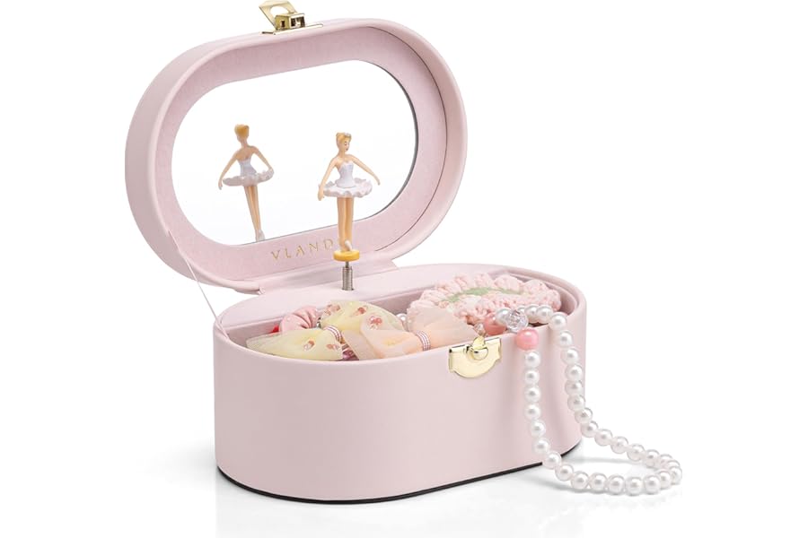 VLANDO Girls Jewellery Box, Kids Jewellery Box with Ballerina, Music Box for Children, Birthday Gift for Ages 4 5 6 7 8-12 Year Old (Pink)