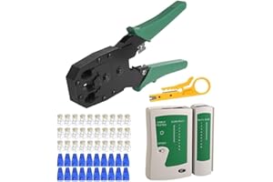 3DBUYER RJ45 Crimp Tool Kit, Cat5e Cat6 Cat6e Cat7 RJ11 Crimping Crimper Wire Stripper Cutter, Cable Tester Lead Testing ADSL DSL Connection, 100Pcs Connectors End, 100x Crimp Boots LAN Tool