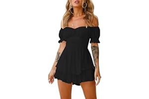 Qianderer Women Boho Romper Dress Off Shoulder Tie Back Flowy Swing Ruffle Dresses with Shorts Layered Pirate Jumpsuit Playsuits Beach Dress