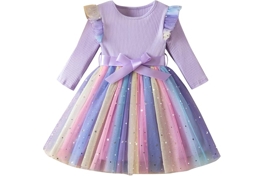 JiAmy Girls' Dresses Ribbed Knit Tulle Dresses Sequin Spring Flying Sleeves Rainbow Kids Dress for 1-6 Years Old