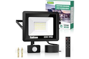 Tailcas Security Lights Outdoor Motion Sensor, 30W PIR Light with Remote Control, IP66 Waterproof Sensor Outdoor, 2700LM LED Floodlights Mains Powered for Garden,Yard, Garage, Black