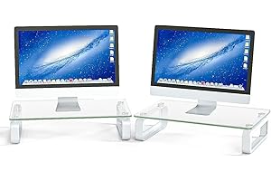 Hemudu 2 Pack Computer Monitor Stand Riser Multi Media Desktop Stand for Flat Screen LCD LED TV, Laptop/Notebook/Xbox One, with Tempered Glass and Metal Legs,HD02T-201P