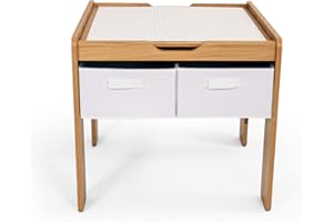 Humble Crew Journey 2-in-1 Building Blocks Compatible Sqaure Wooden Multi-Activity Table for Children, Double-Sided Tabletop, 4 Fabric Storage Bins, Easy to Clean Furniture - Natural/White