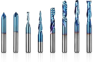 SAINSMART Genmitsu 8pcs End Mills CNC Router Bits, CNC Router Bit Set, 1/4" Shank Tungsten Steel CNC Cutter for Milling Machine with Nano Blue Coating, Tool for Aluminum, Metal, Plastic, MDF & Wood, MRBC08