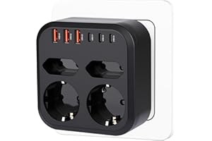 Pfloge® Steckdosenleiste mit USB, Mehrfachsteckdose mit 2 Fach Stecker, 4 Ports (3 USB A+3 USBC), 3500W/15A, 10-in-1 Steckdosenadapter für Smartphones, Laptop, Zuhause