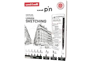 uni-ball - Mitsubishi Pencil - Coffret d’Initiation Urban Sketching Uni Pin - 8 Feutres Pointes Calibrées Ultra-Fines à Fines et Brush - 1 Porte-Mines Shalaku S - 4 Planches Tuto