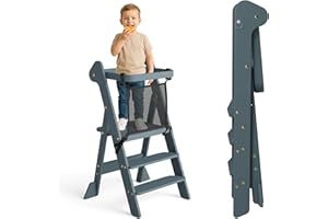 COSYLAND Foldable Toddler Step Stool for Kitchen - IF Design Awarded Space Saving Toddler Standing Tower with Protective Net - Height Adjustable Kids Kitchen Stool Helper (Dark Grey & Natural)