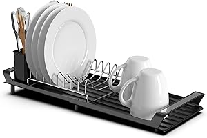 Anhow Ociekacz naczyń wysuwany ociekacz do naczyń z tacą na naczynia ze stali nierdzewnej na talerze, kubki, artykuły kuchenne - czarny / 28-47 cm