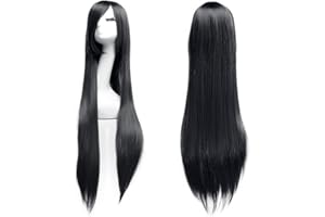 Perruque Longue Droite Femme 100 CM avec Frange Filet à Cheveux pour Cosplay Halloween Carnaval Soirée Déguisement，Perruque Synthétique Résistante à la Chaleur-Dazone®-Noir