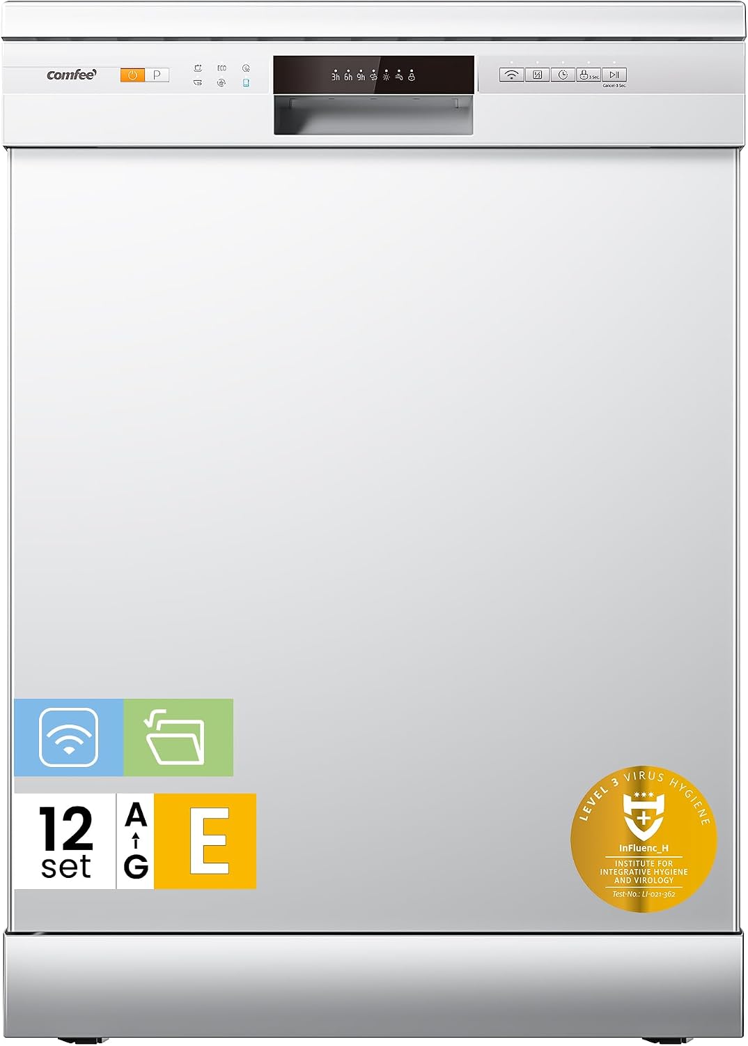 COMFEE' CDWPF1201PW-WE-EU Lavavajillas de Libre Instalación, 60cm, con 12 Cubiertos, 8 Programas, 70 ℃ Lavado Higiénico, Lavado Rápido, Control por botón, WiFi y IOT Función, Cloud Wash, Blanco