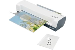 Plastifieuse Leitz iLAM Home - Plastifieuse A4 pour la Maison, Préchauffage Rapide en 3 Minutes, Pochettes de 75-125 Microns, Lot de Pochettes pour Plastifieuse A4 Inclus, Coloris Blanc, 74310001