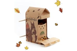 Die Stadtgärtner – Freiluftbuffet für Eichhörnchen I Futterstelle für Eichkater I Wetterfeste Futterstation aus Naturkarton mit Schnur & Holzstäben zur Befestigung sowie 200g Oachkatzl-Futter