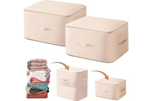 WOOWAIR Lot de 2 Organisateur Auto-compression Ultra Peu Encombrants, Sacs de Rangement pour Couettes, Sac de Compression Voyage Empilable, Grand Sac de Rangement Mobiles pour Couvertures(Beige,52x42x60CM)