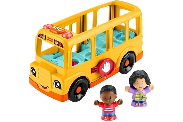 Fisher-Price Little People skjutleksak skolbuss för småbarn, med musik och 2 figurer för barn från 1 år, flerspråkig version