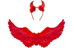 Winwild Bambini Ali d'Angelo Rosso con Corna di Diavolo Ali d'Angelo 60CM Angelo Diavolo Fairies Costume Accessori per Halloween Carnevale Cosplay Party Fancy Dress