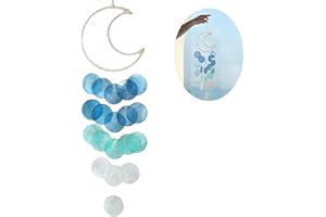 LUMOOM Carillón de viento, concha decorativa bohemia, atrapasueños, guirnaldas, sonido único y magnífico, carillón de viento para jardín, decoración para terraza, césped, jardín, luna (azul)