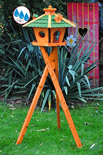 Holz-Vogelhaus PREMIUM,BTV Ölbaum Massivholz,wetterfest, mit Ständer / mit Standfuß und Silo,Futtersilo für Winterfütterung -Holz Nistkästen & Vogelhäuser- Ständer BR45grMS GRÜN