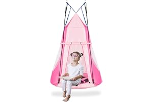 GOPLUS Columpio Nido de 100 cm con Tienda de campaña, Columpio Colgante Redondo para jardín, soporta hasta 100 kg, Ajustable de 100 a 160 cm, con Marco de Acero, con Puerta, para niños y Adultos