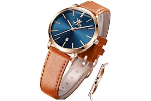 OLEVS Ladies Quartz Watch Minimalist Casual Ultra-Thin Design & Leather Strap & Waterproof & Date Elegant Watch