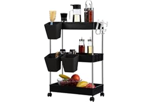 DOEWORKS Carrelli Portaoggetti con Tazze Appese Carrello Cucina a 3 Ripiani, Organizer Carrello Scaffale con Ruote per Cucina Bagno Camera Ufficio, Nero