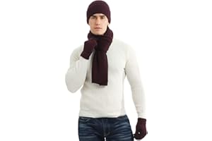 LAUSONS Hat Scarf Gloves Set for Mens 3 in 1 Winter Warm Fleece Lining Knitted Beanie Cap Slouchy Long Scarf and Touch Screen Gloves Unisex Sets For Daily Use Outdoor Sports