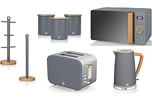 SWAN PRODUCTS LTD Swan Products Nordic Kitchen Set Including 1.7L Jug Kettle, 2 Slice Toaster, 800W 20L Microwave, Tea, Coffee, Sugar Canisters, Mug Tree & Towel Pole. Scandinavian Style of 8 Items in Slate Grey