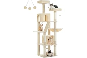 Petepela Arbre à Chat, Grand Tour de Jeux, avec 6 Poteaux à Griffer, 2 Planches à Griffer, 2 Plateformes, 2 Niches, 1 Hamac, 2 Pompons, Tissu Peluche, Multi-Niveaux, 180cm, Beige