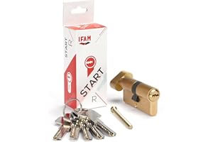 IFAM Cilindro de Pomo para Puertas Start-R, 30x30mm, Leva 15mm, Bombín Cerradura de Seguridad 6 Pitones de Acero, 5 Llaves Reversibles, Sistema Antiganzúa y Antitaladro, Perfil Europeo, Acabado Latón