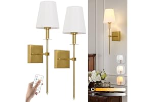 AANYHOH Lámpara de Pared LED, Apliques Pared Interior con Batería, USB Recargable Lampara Pared Sin Cables con Mando a Distancia, Pantalla de tela Blanca, para Dormitorio Salón Pasillo Escalera, 2 Piezas Oro