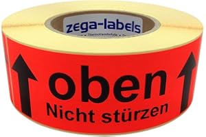 zega-labels Warnetiketten - OBEN Nicht stürzen - 500 Stück je Rolle - 150 x 50 mm - Versandaufkleber Papier Leuchtrot stark haftend - Doppelpfeile