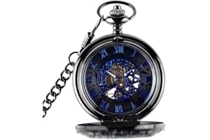 Veroda Retro Steampunk Mechanical Pocket Watch Hand Wind Engraved Metal Blue Black
