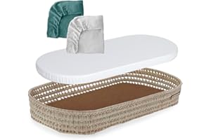 MIMUSELINA | Cesta Cambiador de Bebe de Mimbre | Con Colchon para el Cambiador de Mimbre + Funda de Muselina de Algodón | Hecha a Mano de manera Artesanal con Palma Natural | (Mint/Blanco)