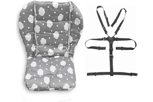 YWOWORLD Baby High Chair Seat Cushion Liner Mat Cover Durable and High Chair Straps (5 Point Belt) 1 Suit (Grey Clouds)