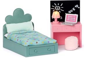 LUNDBY Dolls House Furniture Teen Bedroom – Doll Bed + Desk + Stool + LED Lamp + Laptop – Doll House Accessories for Mini Dolls 11 cm, Age 4+ Scale 1:18