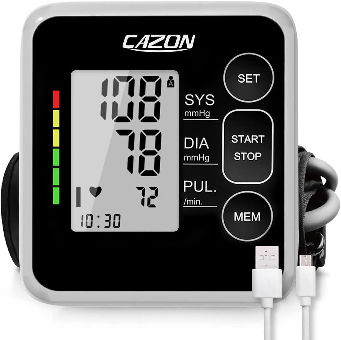 CAZON Tensiómetro de Brazo, Monitor de presiónarterial para uso doméstico. Detector electrónico defrecuencia cardiaca con brazalete 22-40cm,2X120memoria (Negro)