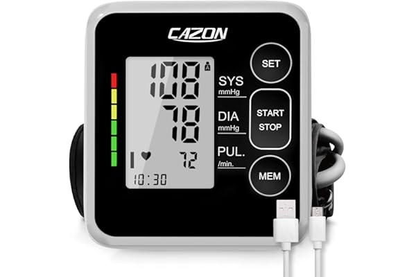 CAZON Tensiómetro de Brazo, Monitor de presiónarterial para uso doméstico. Detector electrónico defrecuencia cardiaca con brazalete 22-40cm,2X120memoria (Negro)