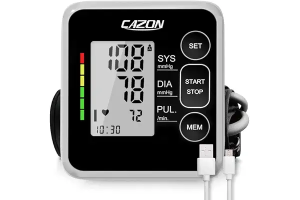 CAZON Tensiómetro de Brazo, Monitor de presiónarterial para uso doméstico. Detector electrónico defrecuencia cardiaca con brazalete 22-40cm,2X120memoria (Negro)