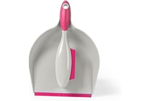 Kleeneze KL069337EU7 Dustpan and Brush Set – Non-Scratch Rubber Bristles Ideal For Pet Hair/Fur, Handheld Squeegee Edge for Spills/Liquids, Easy Rinse Clean, Indoor Hard Floor Sweeping, Pink