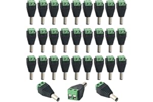 QitinDasen 30 Piezas 5.5 X 2.1 mm DC Conector Enchufe, Barril 12V DC Power Jack Conector Adaptador, 2 Pin Enchufe Macho