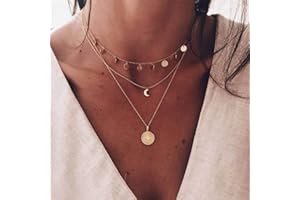 Handcess Boho-Halskette, geschichtet, goldbeschichtet, Halskette mit Sonne- und Mond-Anhänger, Pailletten, Quaste, Choker, Schmuck mit Kristall für Damen und Mädchen