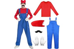 DreamJing Mario Costume Adults Kids, Plumbers Bros Mario Cosplay Halloween Fancy Dress Outfits Jumpsuit with Hat and Mustache