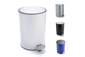Bamodi Cubo de basura con pedal premium Pequeñas papeleras de baño, aseo u oficina - 3L - Papelera de baño de acero inoxidable con cesto extraíble - Sistema de cierre Magic Silent (blanco)
