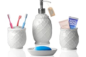 COMFIFY Designerski 4 częściowy zestaw akcesoriów łazienkowych - Ceramiczny zestaw do kąpieli w/Dozownik na mydło w płynie lub balsam, uchwyt na szczoteczkę do zębów, kubek i mydelniczka - akcesoria Vanity
