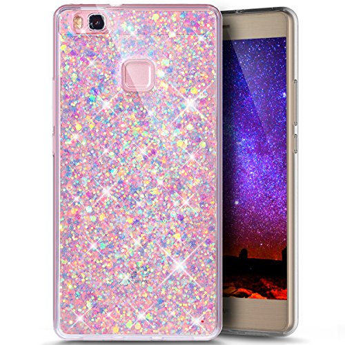Huawei P9 Lite Hülle,Silikon Schutzhülle für Huawei P9 Lite,Huawei P9 Lite Bling Hülle,Ukayfe Luxus Schön Shiny Glänzend Glitzer Weiche TPU Abdeckung Crystal Silikon Tasche Schutzhülle Shinning Strass Rückseite Hülle Etui Cover für Huawei P9 Lite (Rosa Blau)