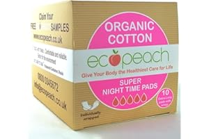 Ecopeach Organic Cotton Super Night Time Pads with Wings, 60 Sanitary Towels (6 Packs x 10) - Ultra Soft & Absorbent, Breathable, Chlorine-Free, Fragrance-Free. Designed for Sensitive Skin