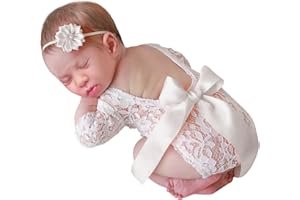 Camidy Neugeborene Fotografie Requisiten Outfits 2 Stück Baby Spitze Strampler Stirnband Set für Mädchen Fotoshooting
