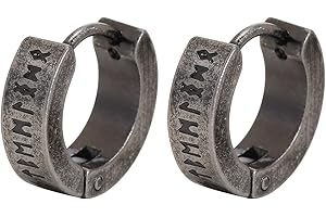 FLHEART Norse Viking Hoop Earring for Men - Amulet Protection Jewellery Gifts Stainless Steel Men's Stud Huggie Hinged Earrings with Nordic Elder Futhark Runes,Black/Silver/Gold Plated,1 Pair