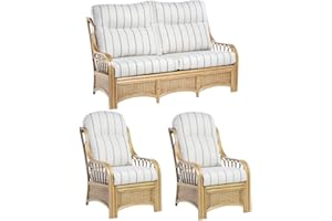 DESSER & CO LTD THE HOME OF RATTAN FURNITURE SINCE 1919 Desser Vale Conservatory Furniture Sofa & Chair Set Wicker Fully Assembled – Cane Natural Rattan with UK Manufactured Cushions in Linen Taupe Fabric – 3 Seat Settee & 2x Armchairs